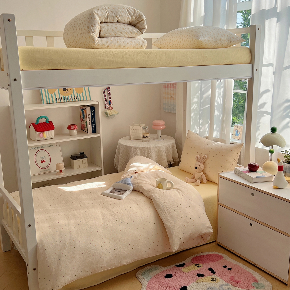 91家纺网 家纺一手货源 找家纺 韩巢家纺 2025新款双层纱学生季床铺单件被套宿舍寝室上下铺三件套 波点世界