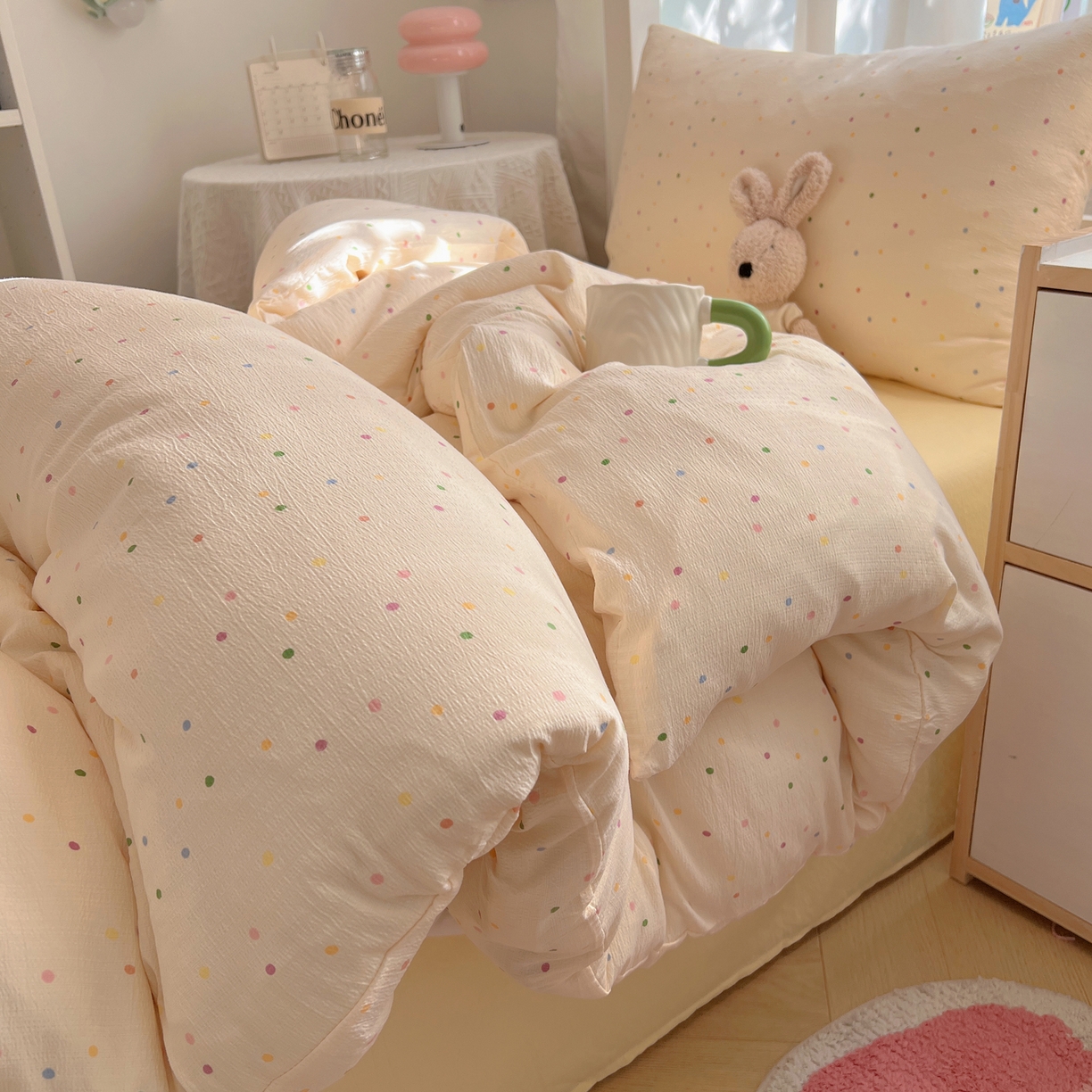 91家纺网 家纺一手货源 找家纺 韩巢家纺 2025新款双层纱学生季床铺单件被套宿舍寝室上下铺三件套 波点世界