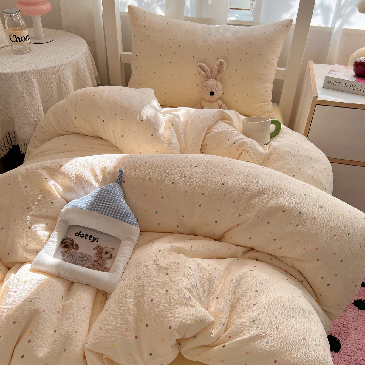 91家纺网 家纺一手货源 找家纺 韩巢家纺 2025新款双层纱学生季床铺单件被套宿舍寝室上下铺三件套 波点世界