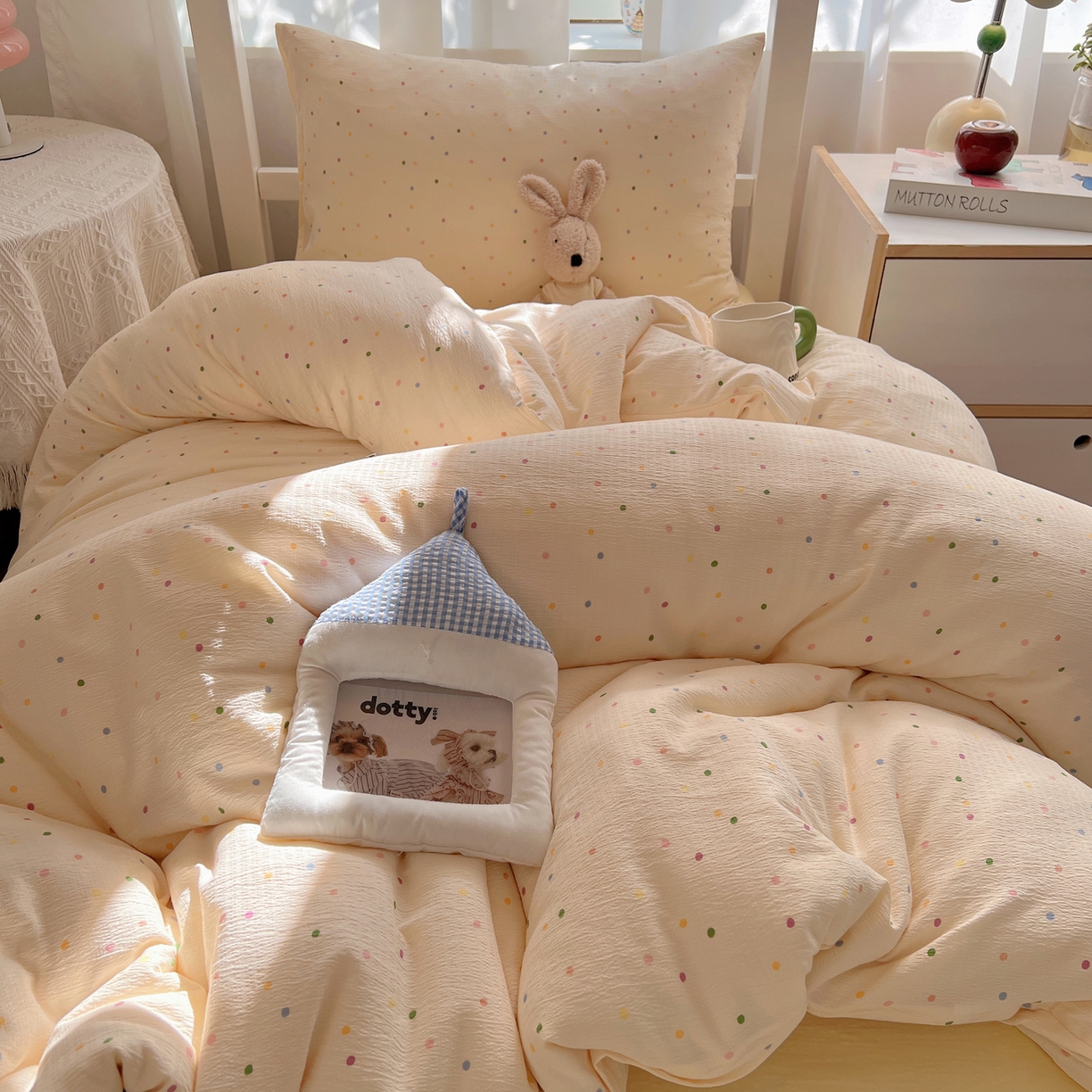 91家纺网 家纺一手货源 找家纺 韩巢家纺 2025新款双层纱学生季床铺单件被套宿舍寝室上下铺三件套 波点世界