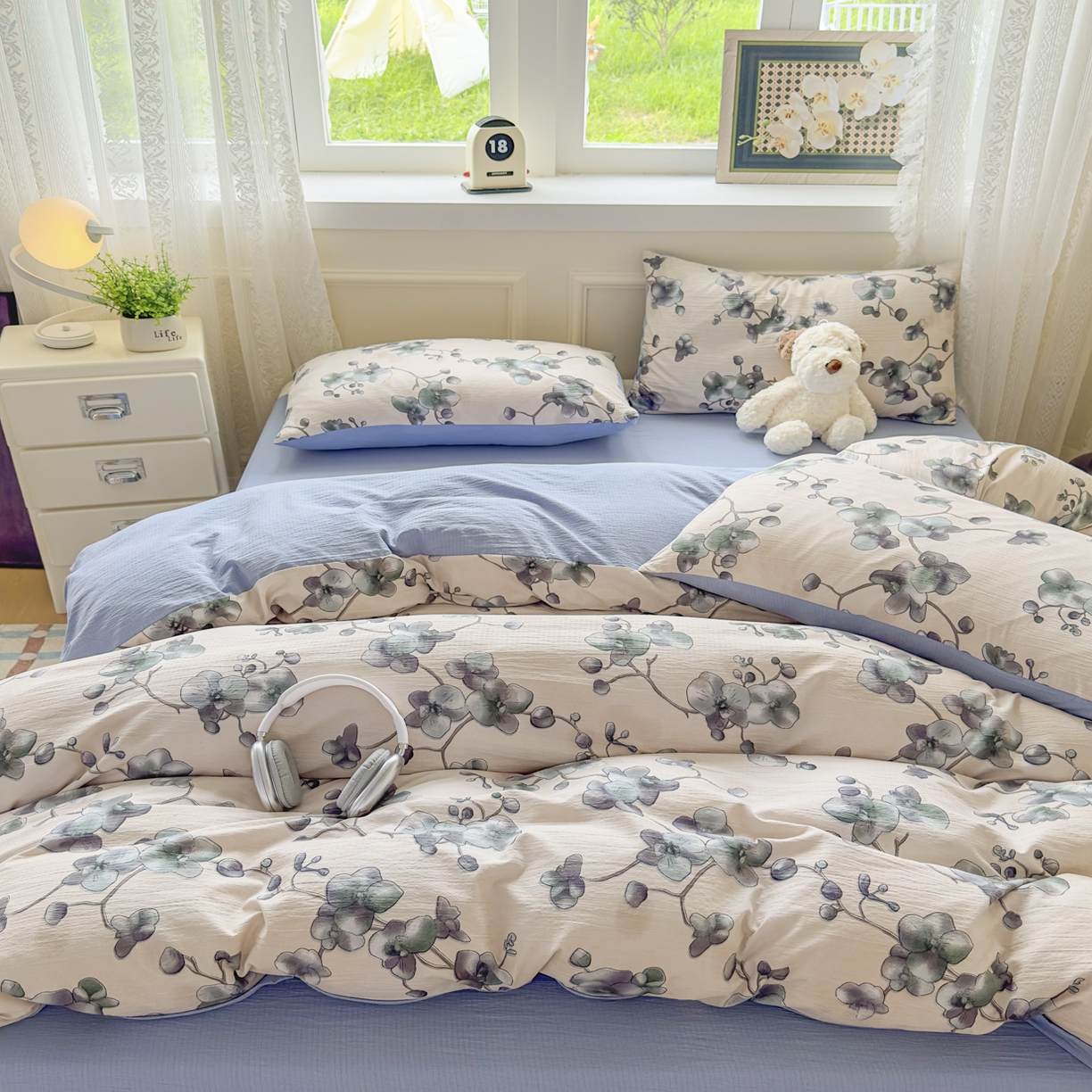 91家纺网 家纺一手货源 找家纺 亨通家纺 2025新款复古原麻双层纱臻至系列四件套 木棉花开