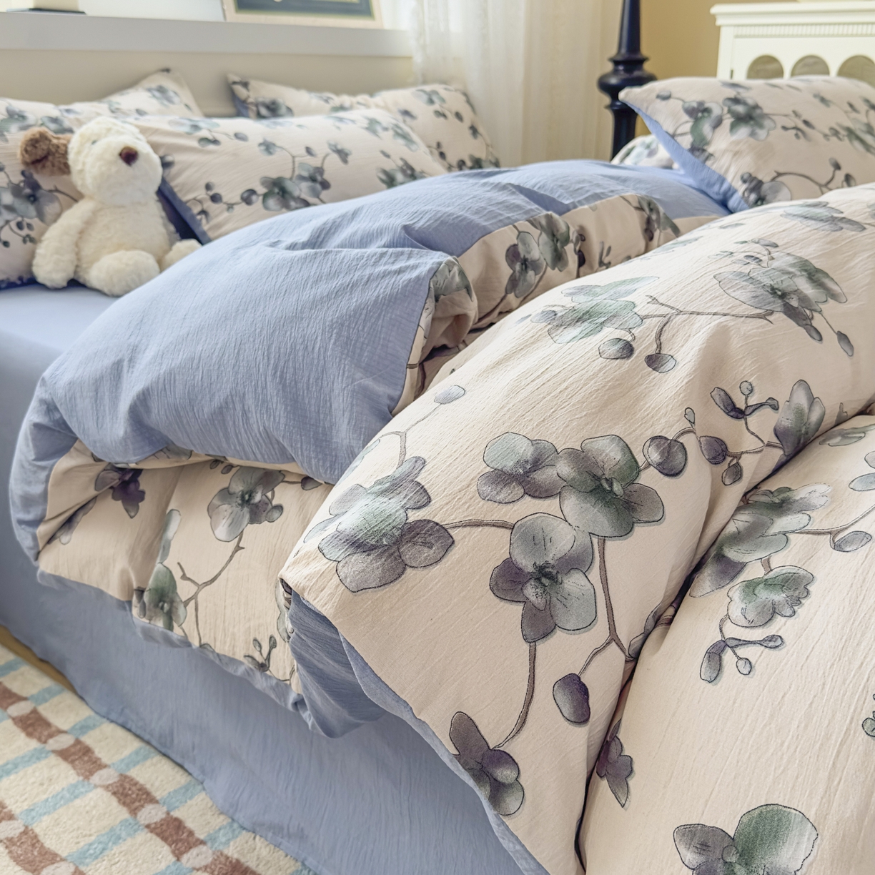 91家纺网 家纺一手货源 找家纺 亨通家纺 2025新款复古原麻双层纱臻至系列四件套 木棉花开