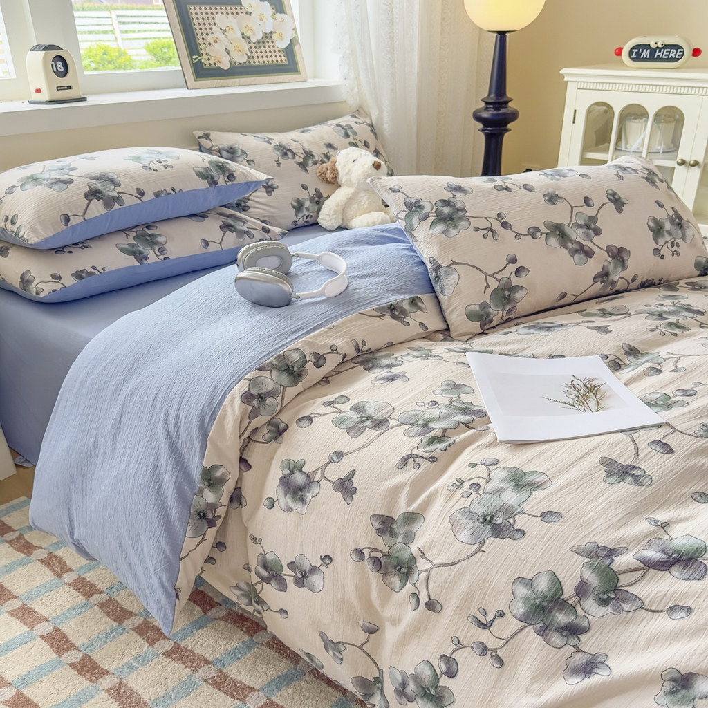 91家纺网 家纺一手货源 找家纺 亨通家纺 2025新款复古原麻双层纱臻至系列四件套 木棉花开