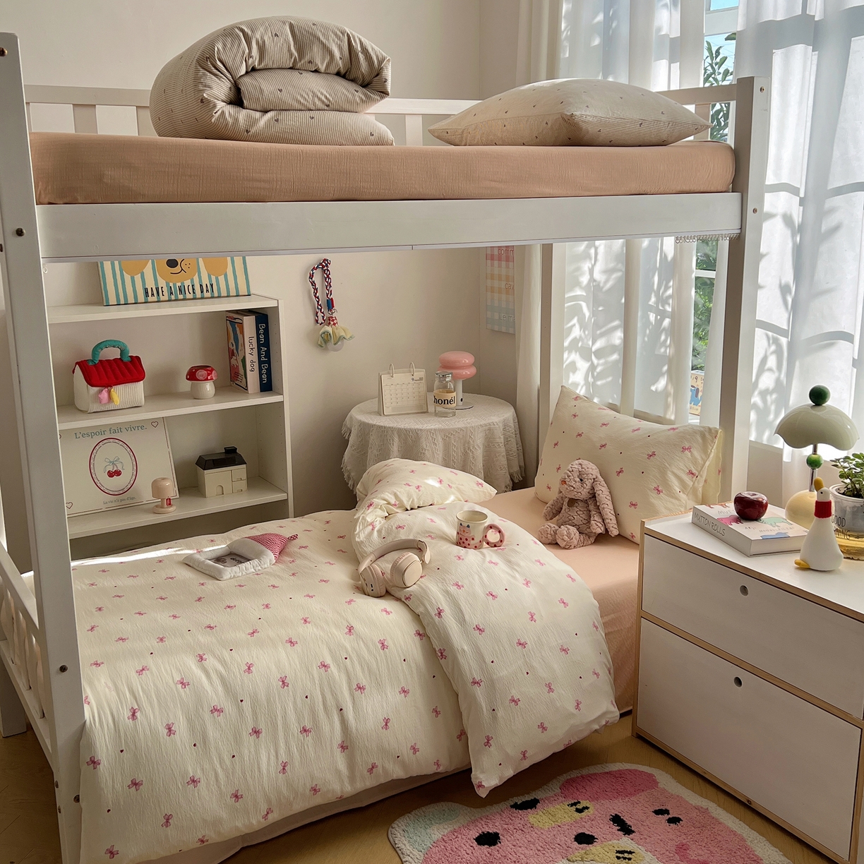 91家纺网 家纺一手货源 找家纺 韩巢家纺 2025新款双层纱学生季床铺单件被套宿舍寝室上下铺三件套 粉相思