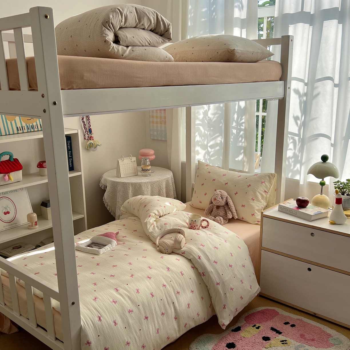 91家纺网 家纺一手货源 找家纺 韩巢家纺 2025新款双层纱学生季床铺单件被套宿舍寝室上下铺三件套 粉相思