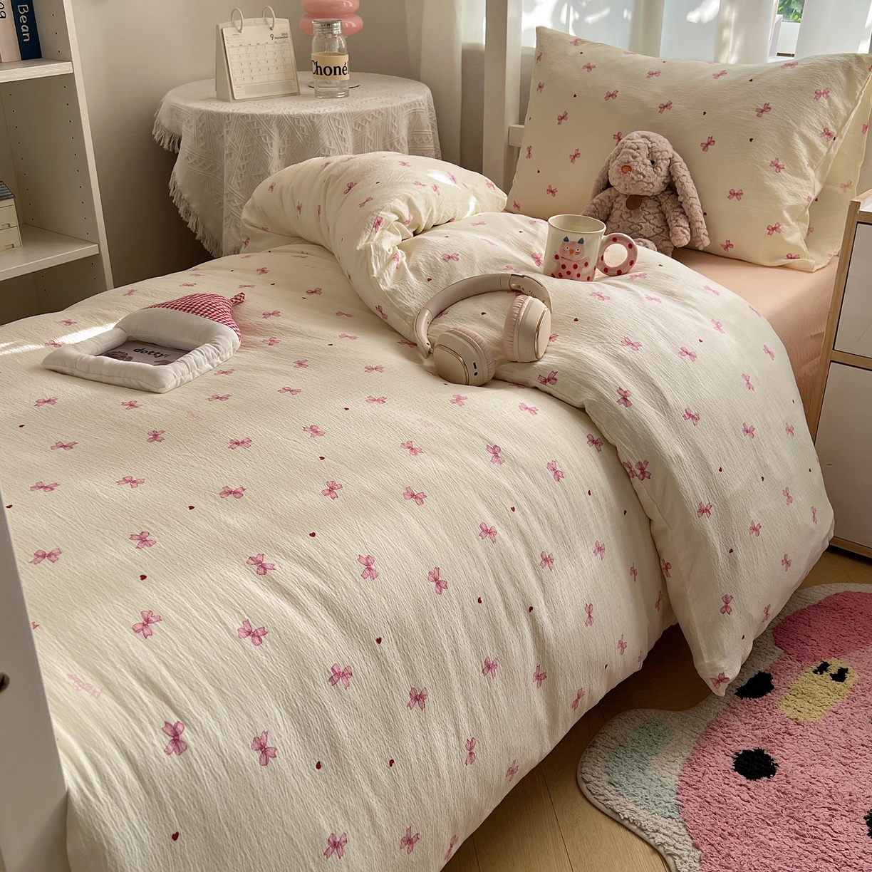 91家纺网 家纺一手货源 找家纺 韩巢家纺 2025新款双层纱学生季床铺单件被套宿舍寝室上下铺三件套 粉相思