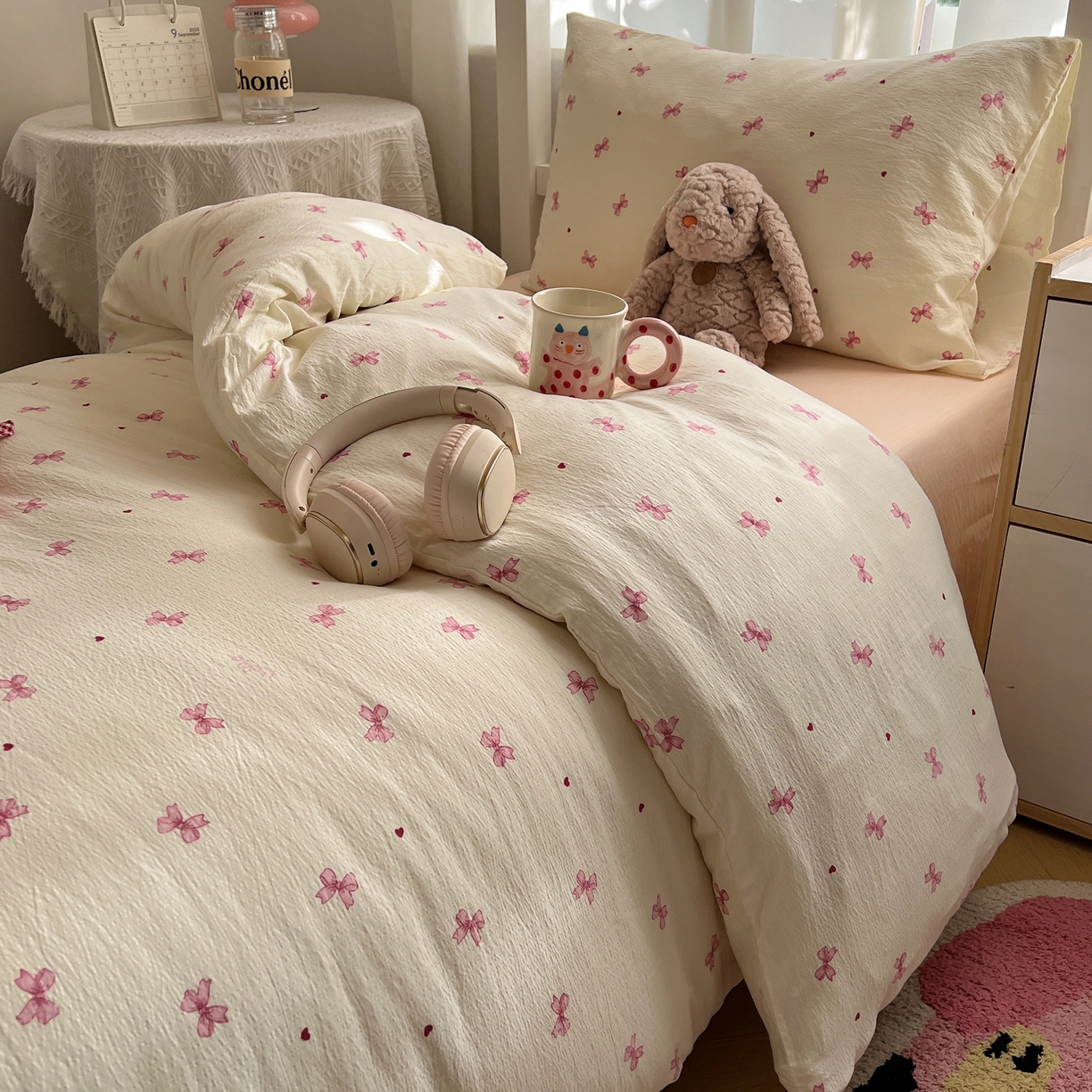 91家纺网 家纺一手货源 找家纺 韩巢家纺 2025新款双层纱学生季床铺单件被套宿舍寝室上下铺三件套 粉相思