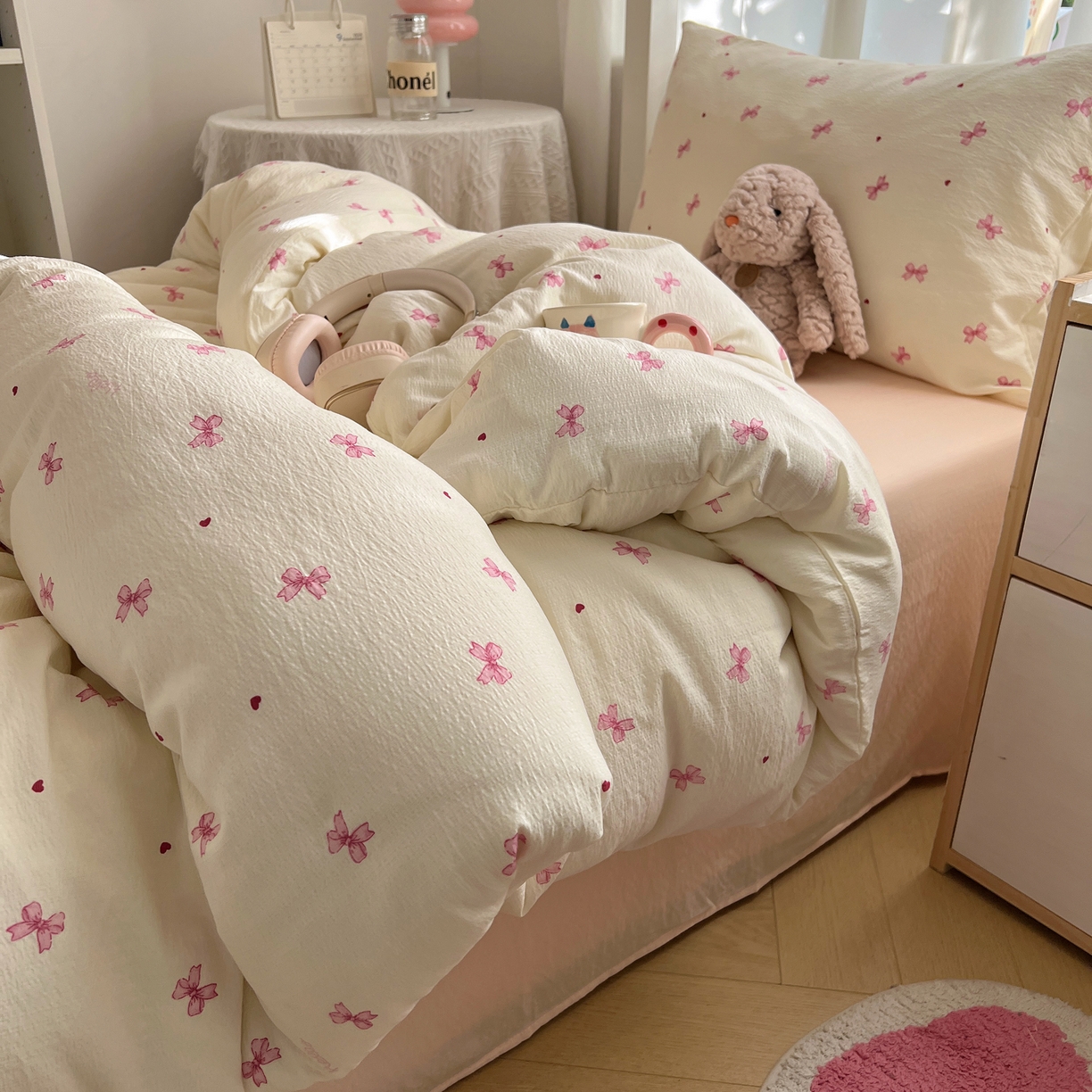 91家纺网 家纺一手货源 找家纺 韩巢家纺 2025新款双层纱学生季床铺单件被套宿舍寝室上下铺三件套 粉相思