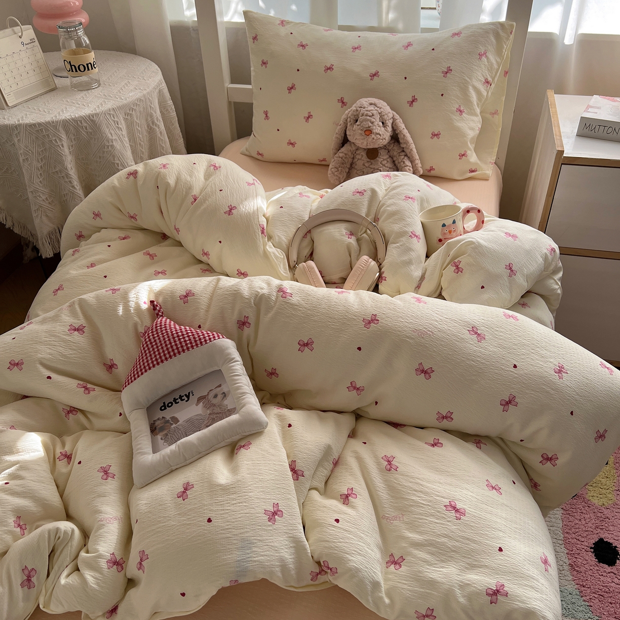 91家纺网 家纺一手货源 找家纺 韩巢家纺 2025新款双层纱学生季床铺单件被套宿舍寝室上下铺三件套 粉相思