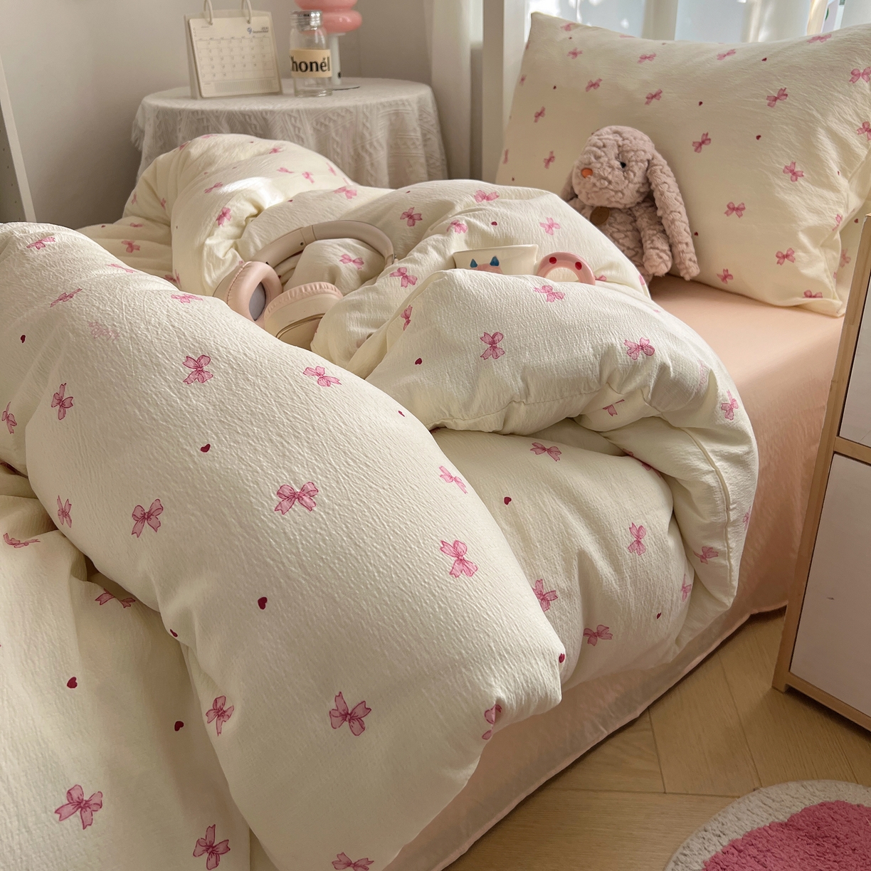 91家纺网 家纺一手货源 找家纺 韩巢家纺 2025新款双层纱学生季床铺单件被套宿舍寝室上下铺三件套 粉相思