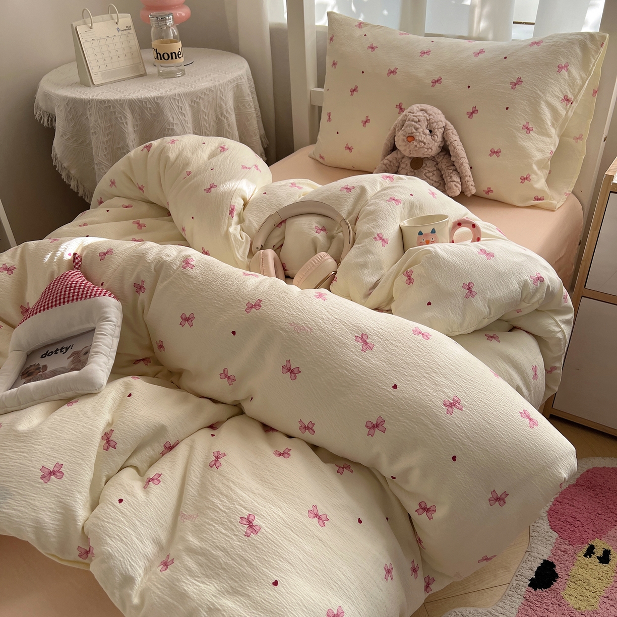 91家纺网 家纺一手货源 找家纺 韩巢家纺 2025新款双层纱学生季床铺单件被套宿舍寝室上下铺三件套 粉相思