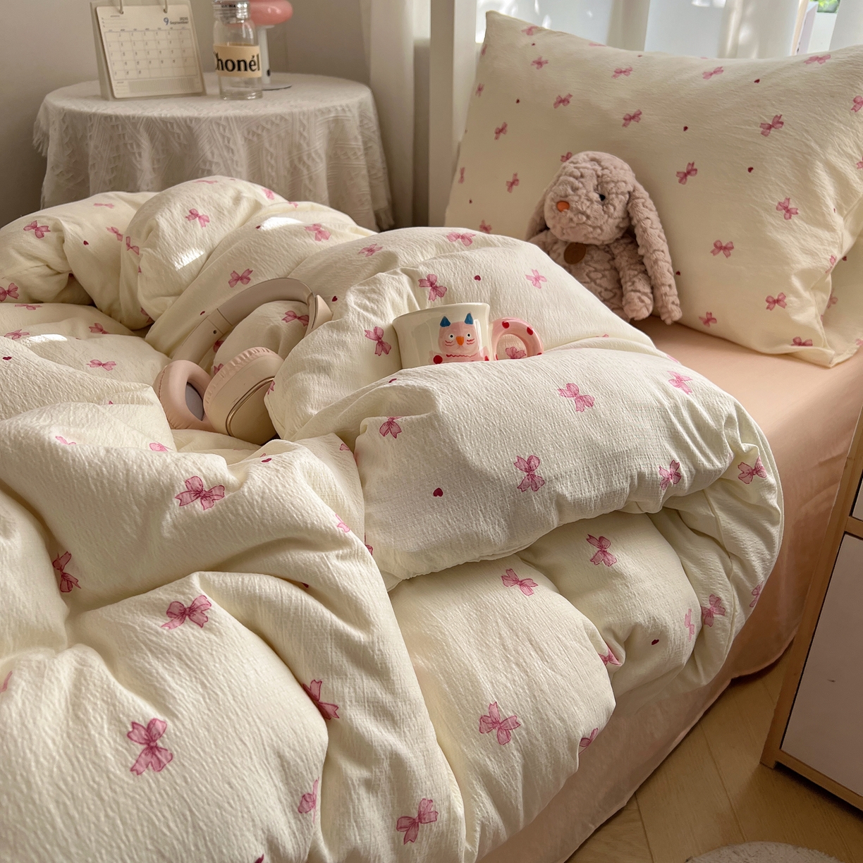 91家纺网 家纺一手货源 找家纺 韩巢家纺 2025新款双层纱学生季床铺单件被套宿舍寝室上下铺三件套 粉相思