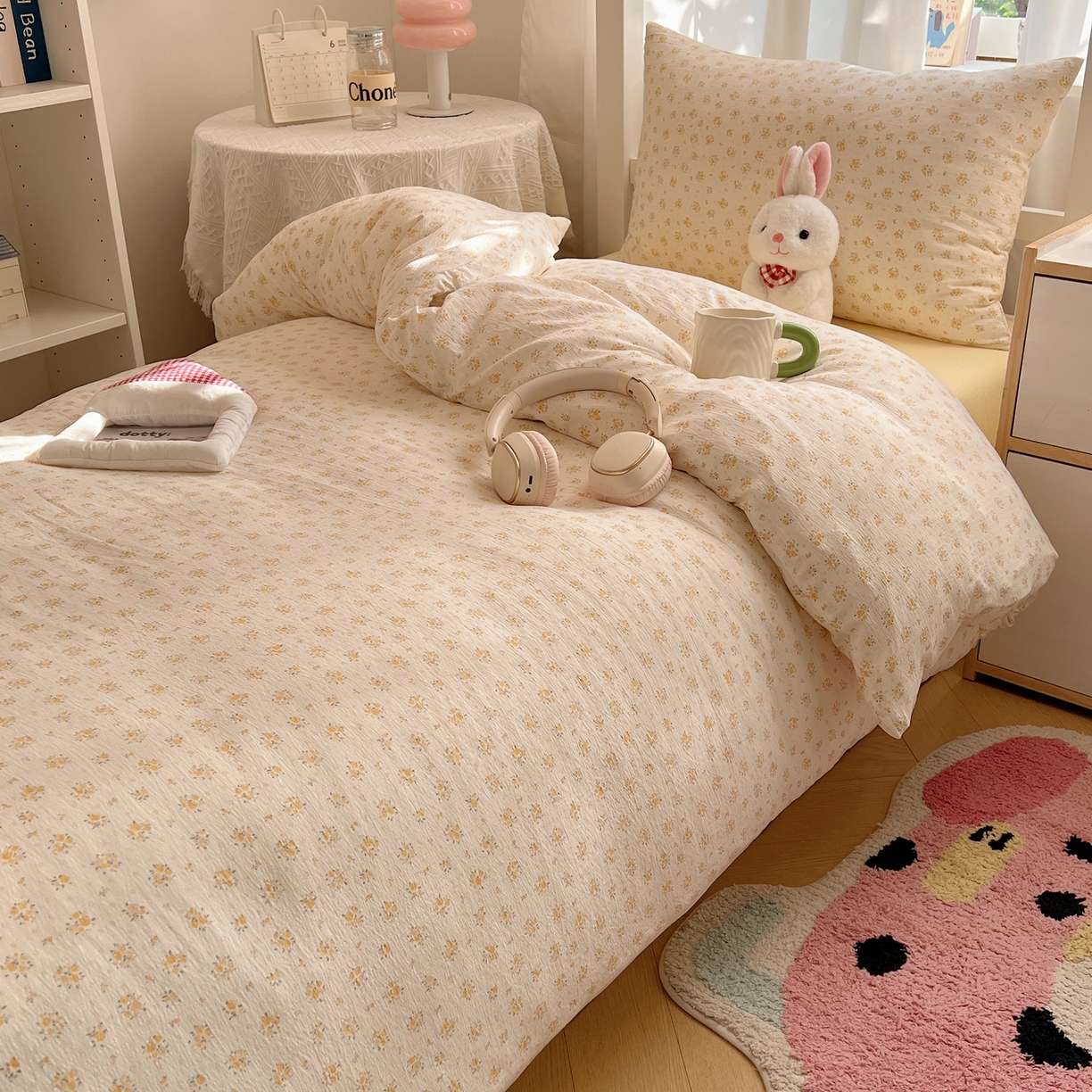 91家纺网 家纺一手货源 找家纺 韩巢家纺 2025新款双层纱学生季床铺单件被套宿舍寝室上下铺三件套 橘子海