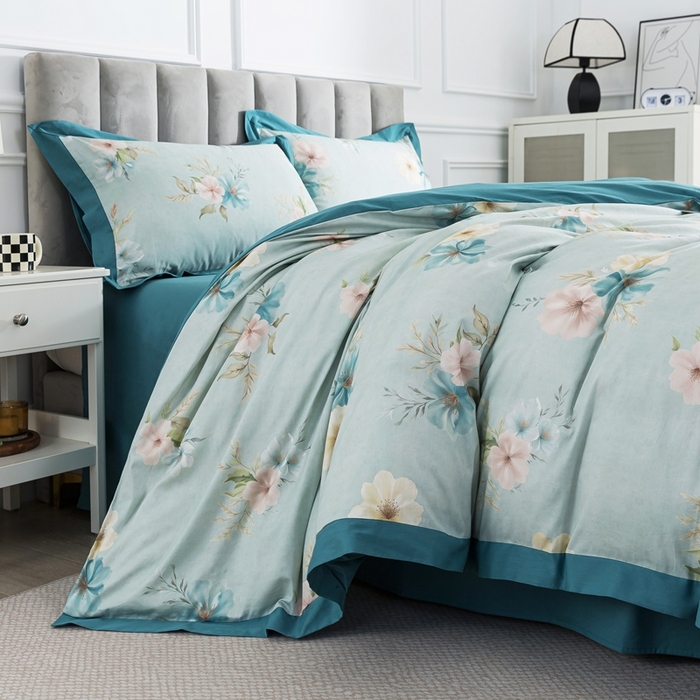 91家纺网 家纺一手货源 找家纺 （总）纯色雨家纺2025新款高端全棉四件套数码印花斜纹纯棉直播轻奢套件三件套【礼盒包装】