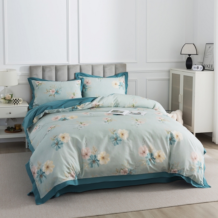 91家纺网 家纺一手货源 找家纺 （总）纯色雨家纺2025新款高端全棉四件套数码印花斜纹纯棉直播轻奢套件三件套【礼盒包装】