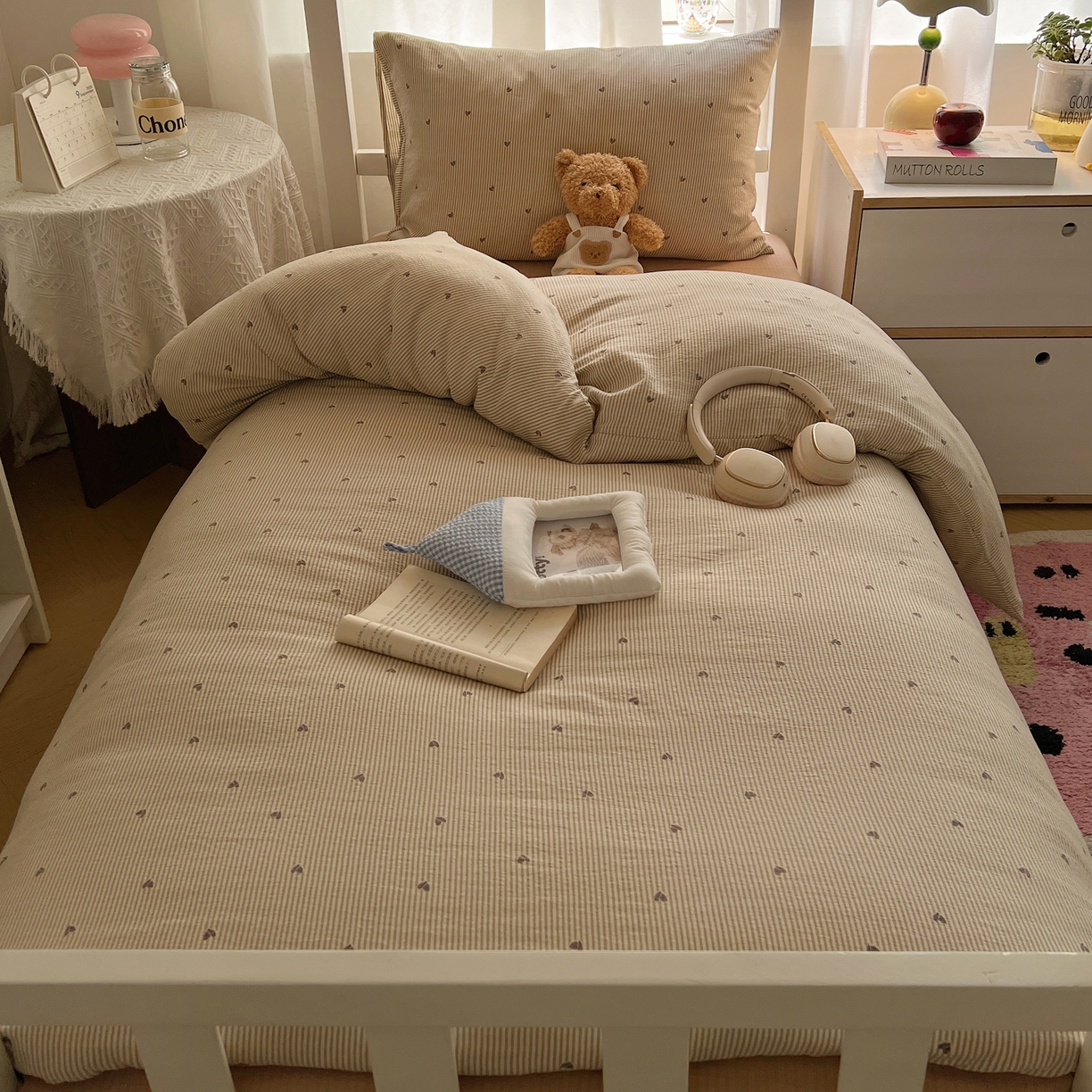 91家纺网 家纺一手货源 找家纺 韩巢家纺 2025新款双层纱学生季床铺单件被套宿舍寝室上下铺三件套 米倾心