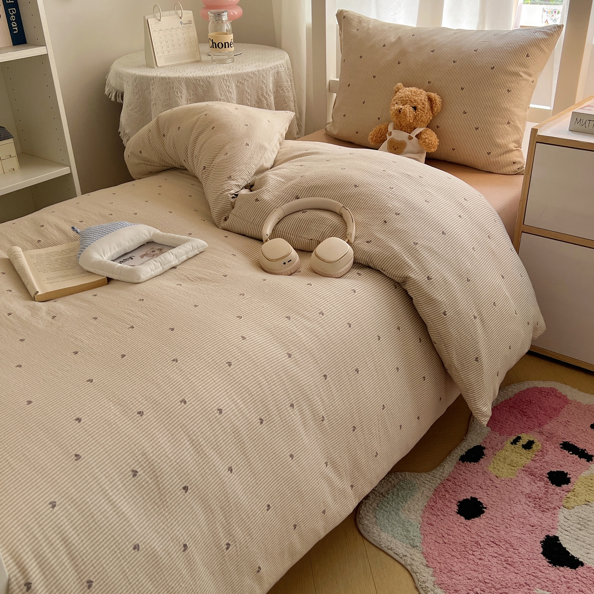 91家纺网 家纺一手货源 找家纺 韩巢家纺 2025新款双层纱学生季床铺单件被套宿舍寝室上下铺三件套 米倾心