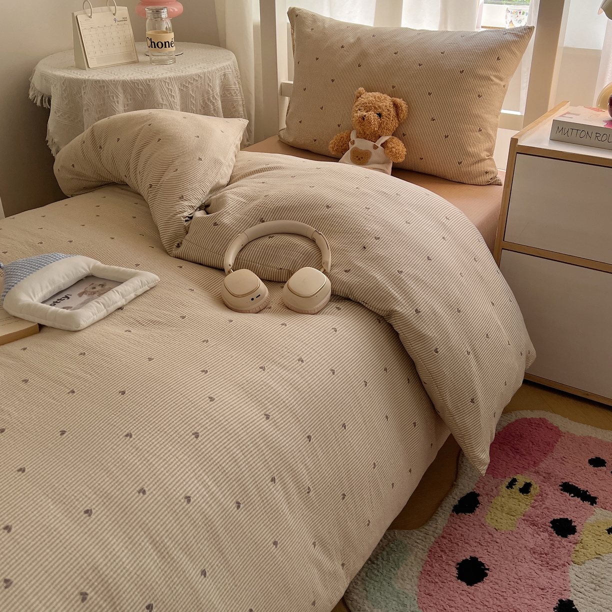 91家纺网 家纺一手货源 找家纺 韩巢家纺 2025新款双层纱学生季床铺单件被套宿舍寝室上下铺三件套 米倾心