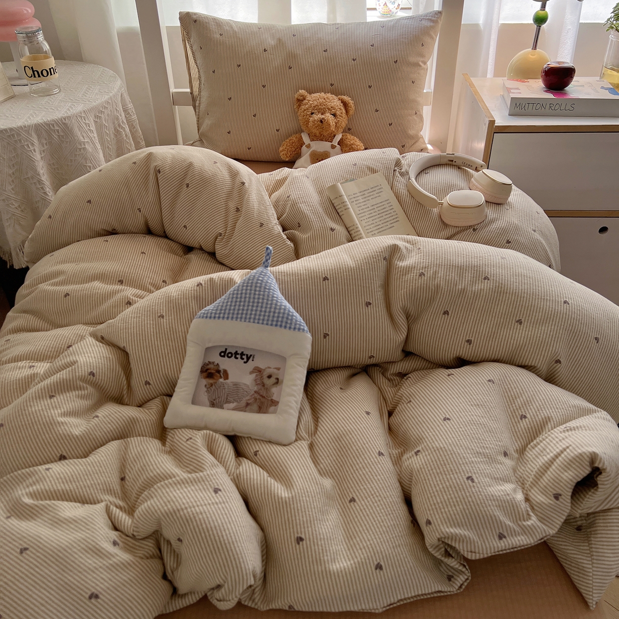 91家纺网 家纺一手货源 找家纺 韩巢家纺 2025新款双层纱学生季床铺单件被套宿舍寝室上下铺三件套 米倾心