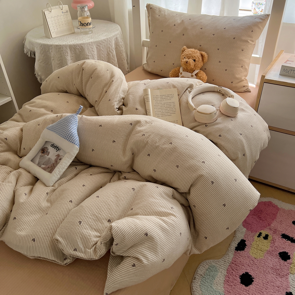 91家纺网 家纺一手货源 找家纺 韩巢家纺 2025新款双层纱学生季床铺单件被套宿舍寝室上下铺三件套 米倾心