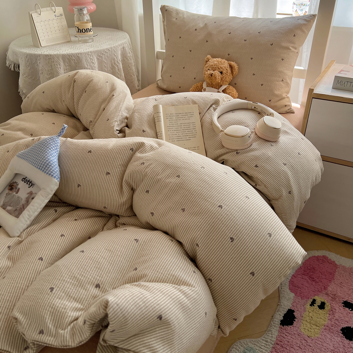 91家纺网 家纺一手货源 找家纺 韩巢家纺 2025新款双层纱学生季床铺单件被套宿舍寝室上下铺三件套 米倾心