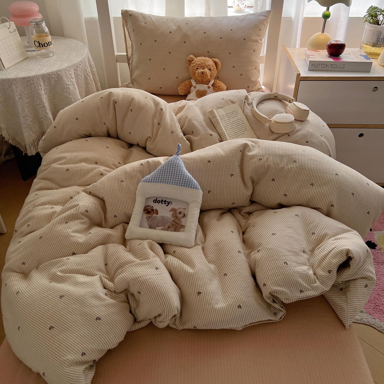 91家纺网 家纺一手货源 找家纺 韩巢家纺 2025新款双层纱学生季床铺单件被套宿舍寝室上下铺三件套 米倾心