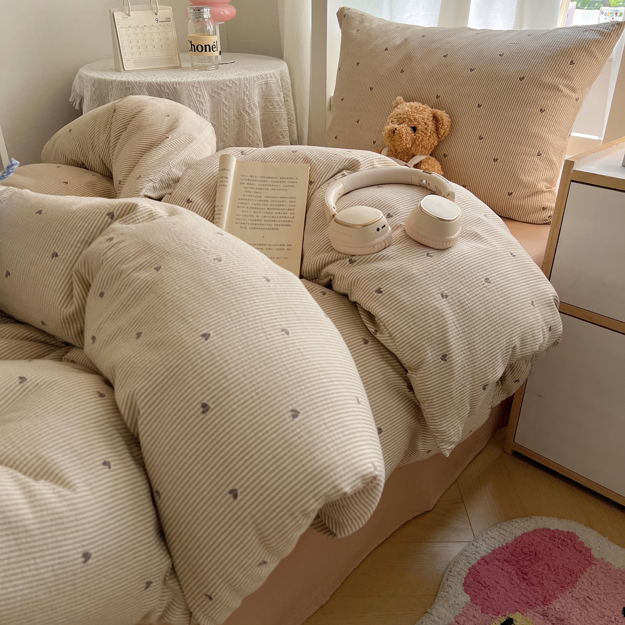 91家纺网 家纺一手货源 找家纺 韩巢家纺 2025新款双层纱学生季床铺单件被套宿舍寝室上下铺三件套 米倾心