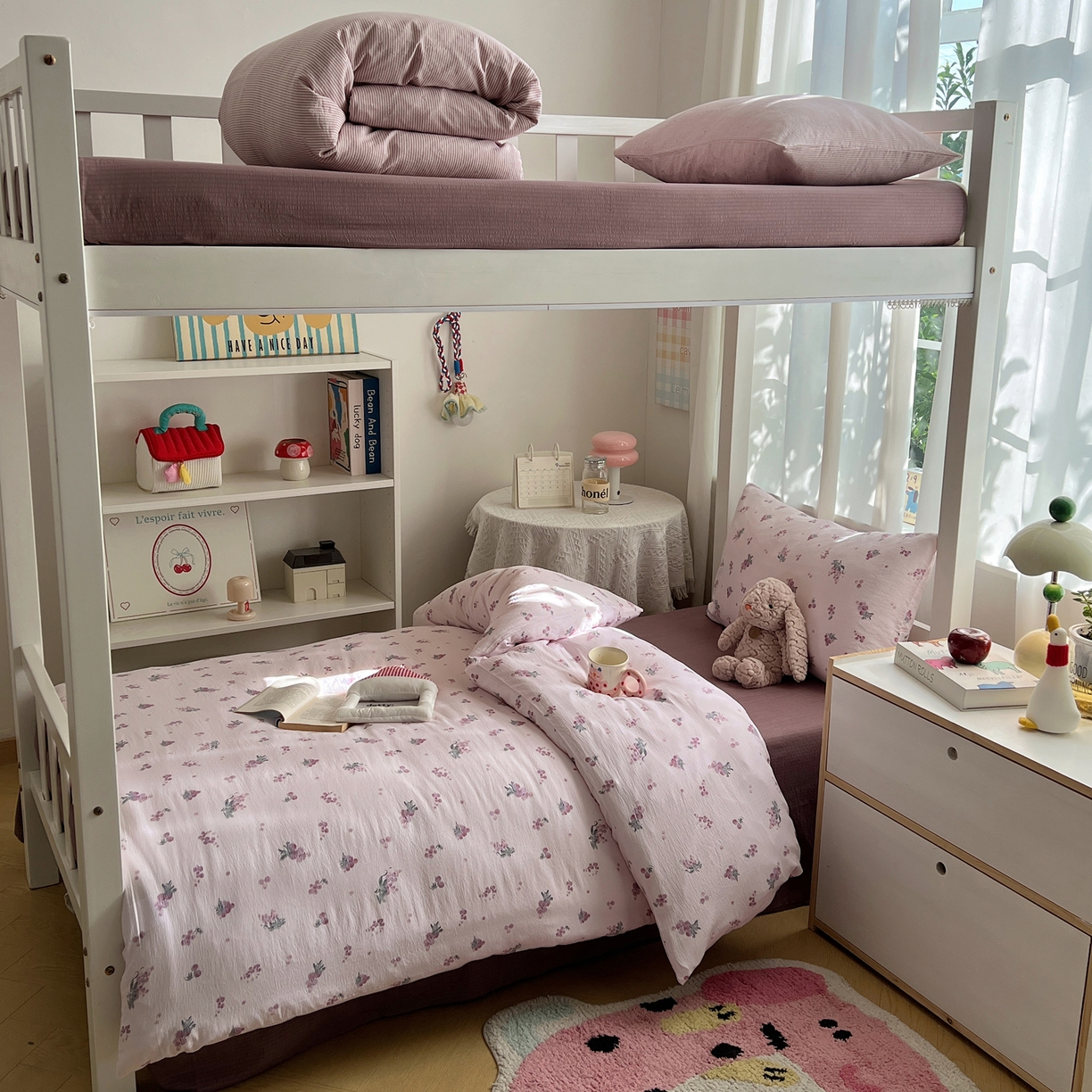 91家纺网 家纺一手货源 找家纺 韩巢家纺 2025新款双层纱学生季床铺单件被套宿舍寝室上下铺三件套 葡萄七分甜