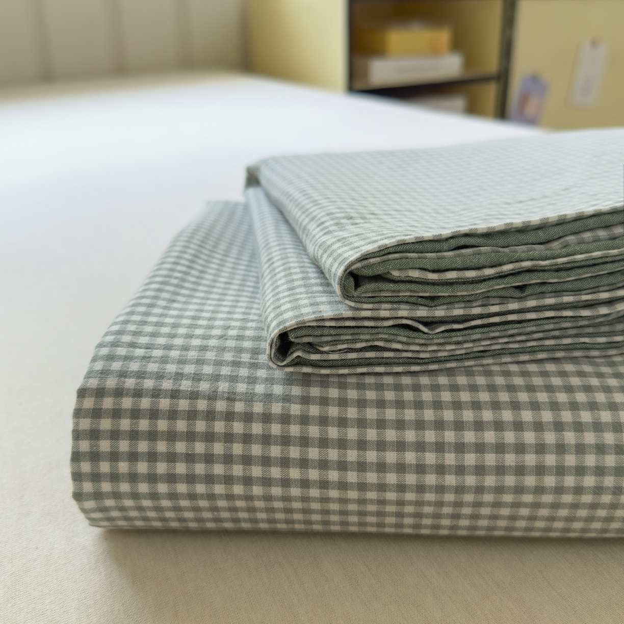 91家纺网 家纺一手货源 找家纺 晚依家纺 2025新款A类色织全棉水洗棉床单单件纯棉格子纯色学生宿舍定制定做 密格-草绿