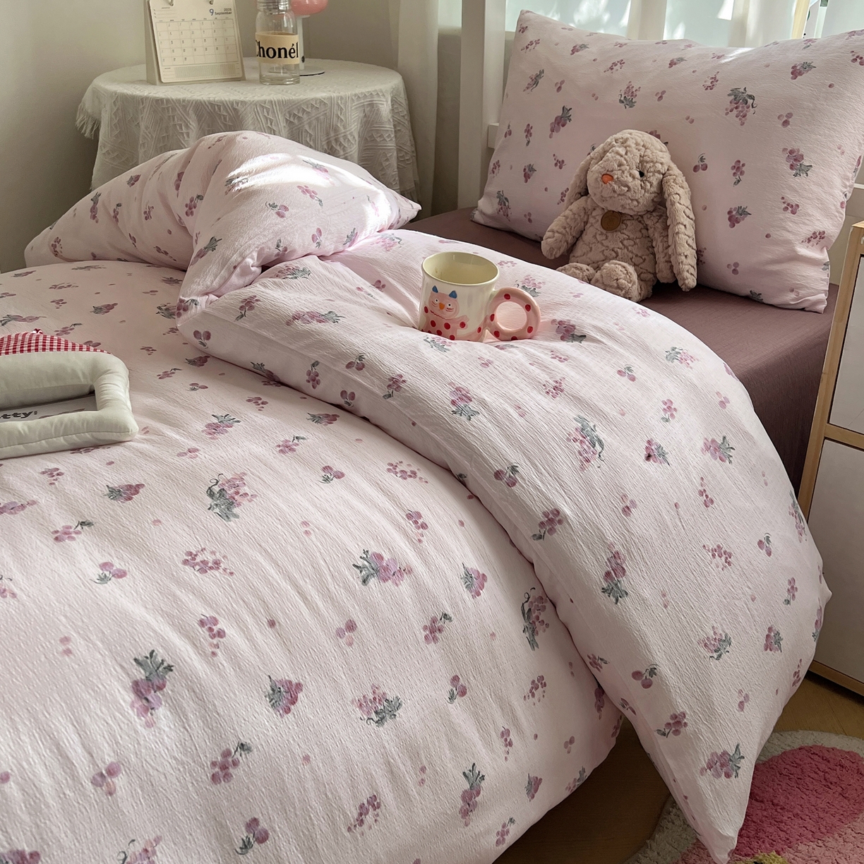 91家纺网 家纺一手货源 找家纺 韩巢家纺 2025新款双层纱学生季床铺单件被套宿舍寝室上下铺三件套 葡萄七分甜