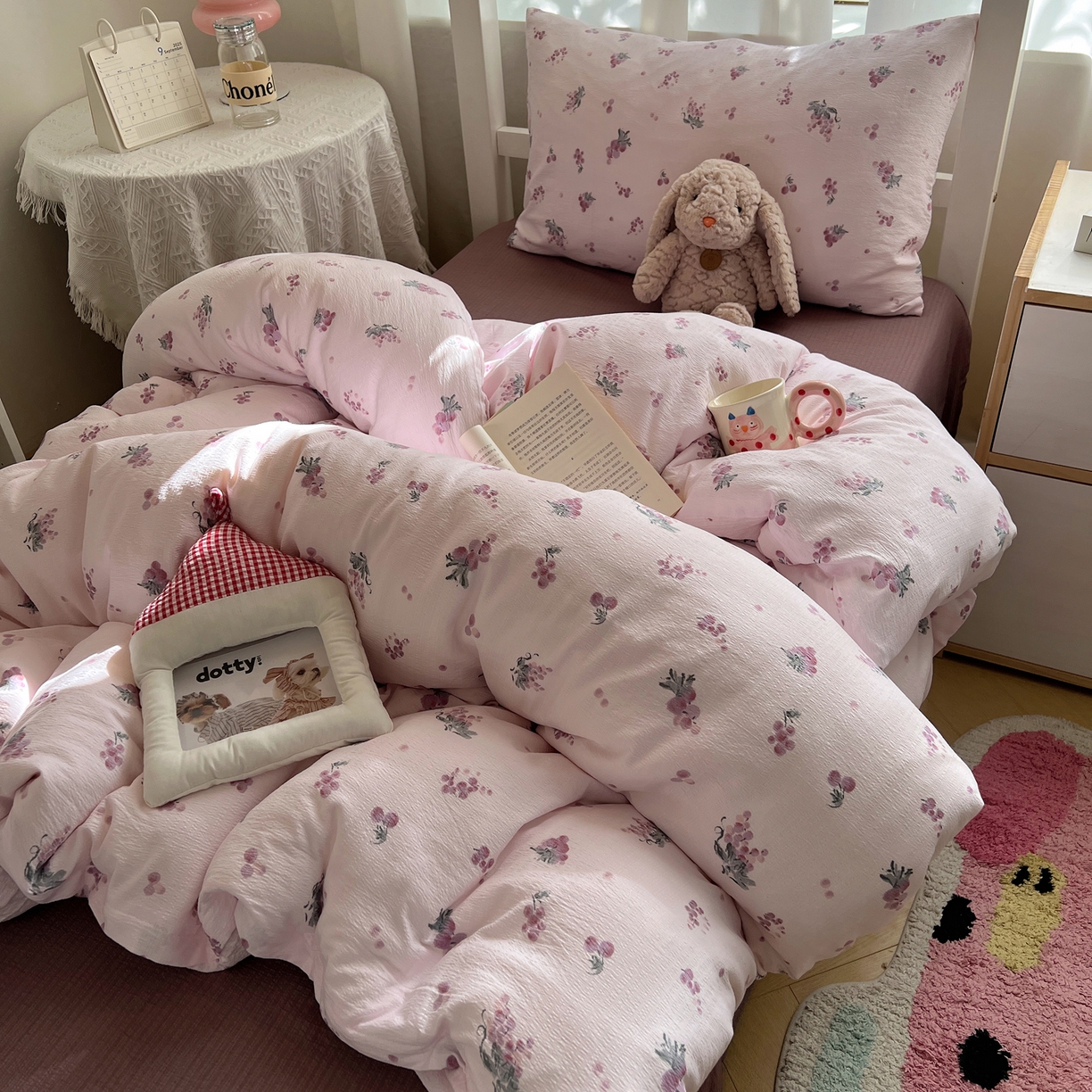 91家纺网 家纺一手货源 找家纺 韩巢家纺 2025新款双层纱学生季床铺单件被套宿舍寝室上下铺三件套 葡萄七分甜