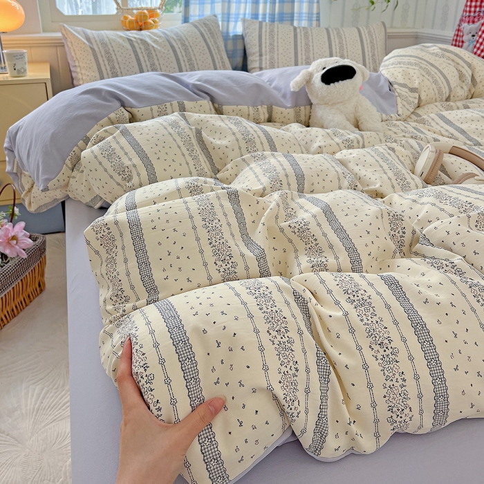 91家纺网 家纺一手货源 找家纺 名品家纺 2025新款加厚高克重人字纹优卡棉双层纱提花四件套（提供买家秀） 梨馥郁