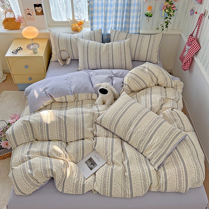 91家纺网 家纺一手货源 找家纺 名品家纺 2025新款加厚高克重人字纹优卡棉双层纱提花四件套（提供买家秀） 梨馥郁