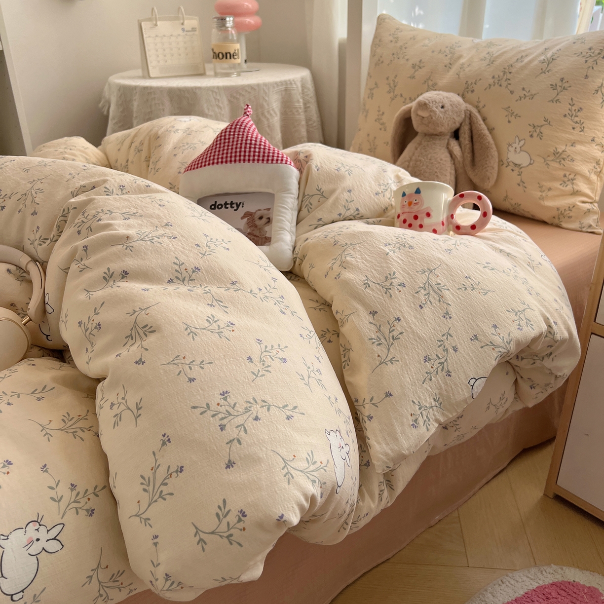 91家纺网 家纺一手货源 找家纺 韩巢家纺 2025新款双层纱学生季床铺单件被套宿舍寝室上下铺三件套 森田野园