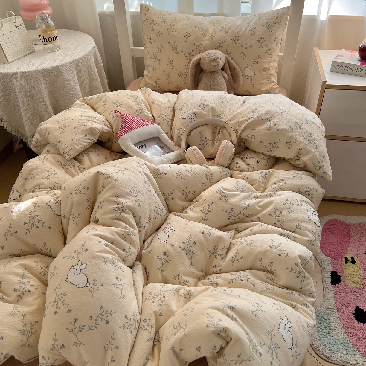 91家纺网 家纺一手货源 找家纺 韩巢家纺 2025新款双层纱学生季床铺单件被套宿舍寝室上下铺三件套 森田野园