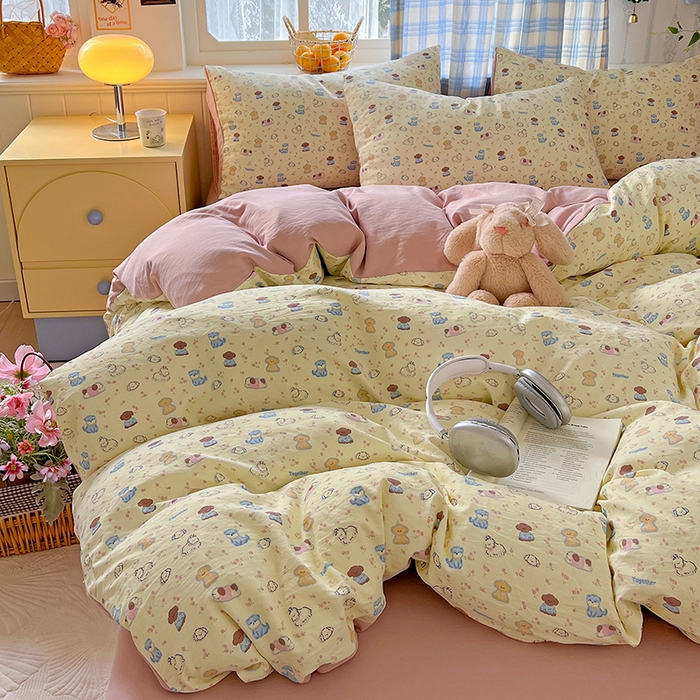 91家纺网 家纺一手货源 找家纺 名品家纺 2025新款加厚高克重人字纹优卡棉双层纱提花四件套（提供买家秀） 泡芙小狗