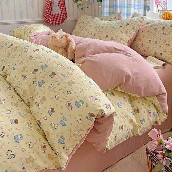 91家纺网 家纺一手货源 找家纺 名品家纺 2025新款加厚高克重人字纹优卡棉双层纱提花四件套（提供买家秀） 泡芙小狗