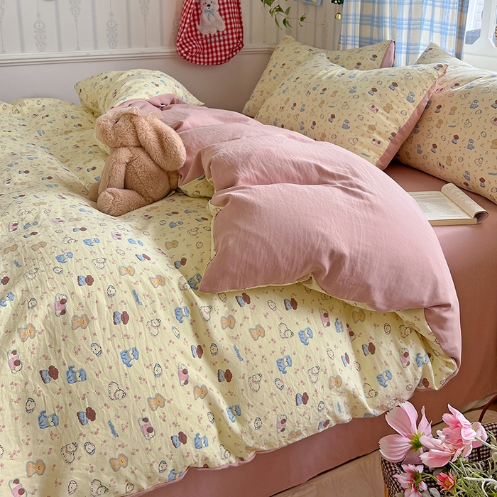 91家纺网 家纺一手货源 找家纺 名品家纺 2025新款加厚高克重人字纹优卡棉双层纱提花四件套（提供买家秀） 泡芙小狗