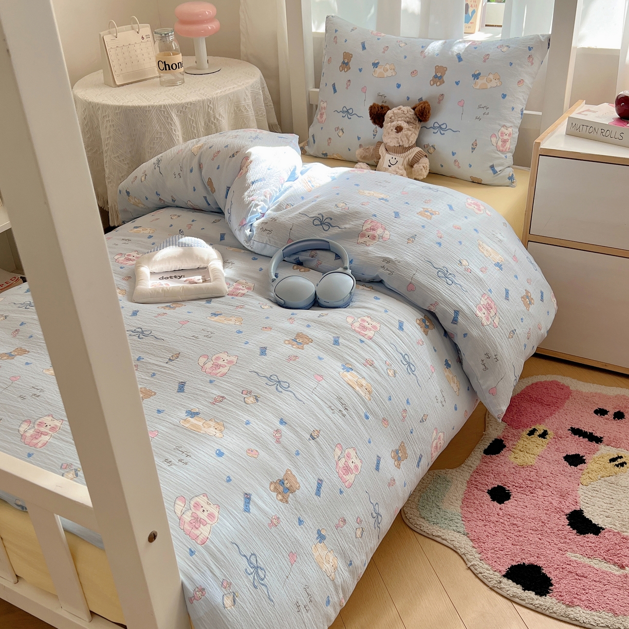 韩巢家纺 2025新款双层纱学生季床铺单件被套宿舍寝室上下铺三件套 小猫时光篮