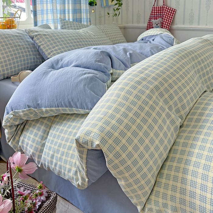 91家纺网 家纺一手货源 找家纺 名品家纺 2025新款加厚高克重人字纹优卡棉双层纱提花四件套（提供买家秀） 曲奇饼干-蓝