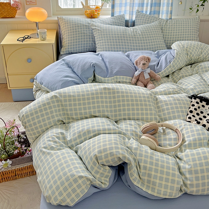 91家纺网 家纺一手货源 找家纺 名品家纺 2025新款加厚高克重人字纹优卡棉双层纱提花四件套（提供买家秀） 曲奇饼干-蓝