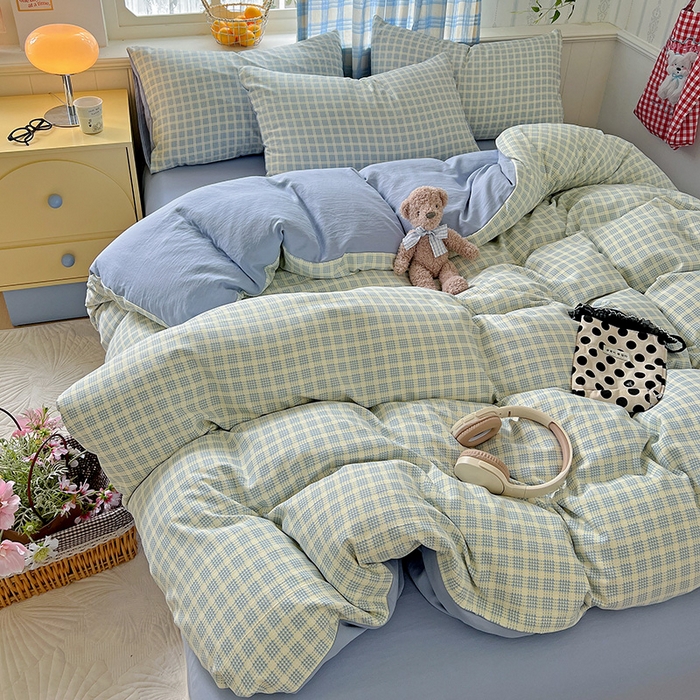 91家纺网 家纺一手货源 找家纺 名品家纺 2025新款加厚高克重人字纹优卡棉双层纱提花四件套（提供买家秀） 曲奇饼干-蓝