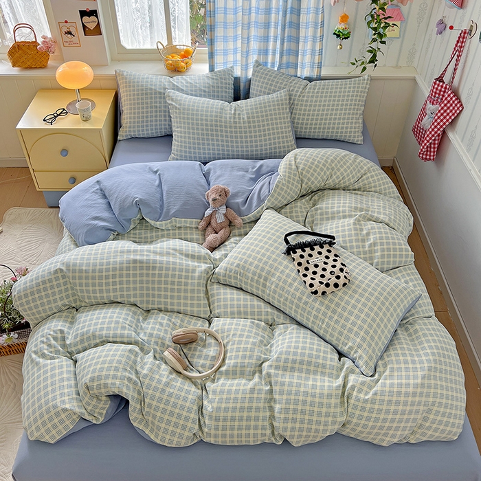 91家纺网 家纺一手货源 找家纺 名品家纺 2025新款加厚高克重人字纹优卡棉双层纱提花四件套（提供买家秀） 曲奇饼干-蓝