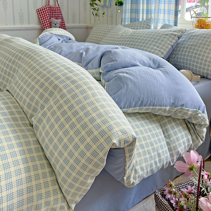 91家纺网 家纺一手货源 找家纺 名品家纺 2025新款加厚高克重人字纹优卡棉双层纱提花四件套（提供买家秀） 曲奇饼干-蓝