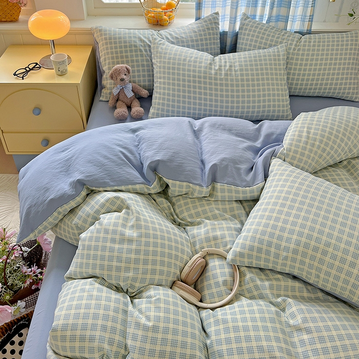 91家纺网 家纺一手货源 找家纺 名品家纺 2025新款加厚高克重人字纹优卡棉双层纱提花四件套（提供买家秀） 曲奇饼干-蓝