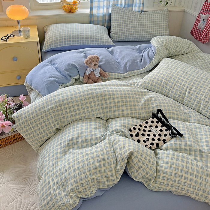 91家纺网 家纺一手货源 找家纺 名品家纺 2025新款加厚高克重人字纹优卡棉双层纱提花四件套（提供买家秀） 曲奇饼干-蓝