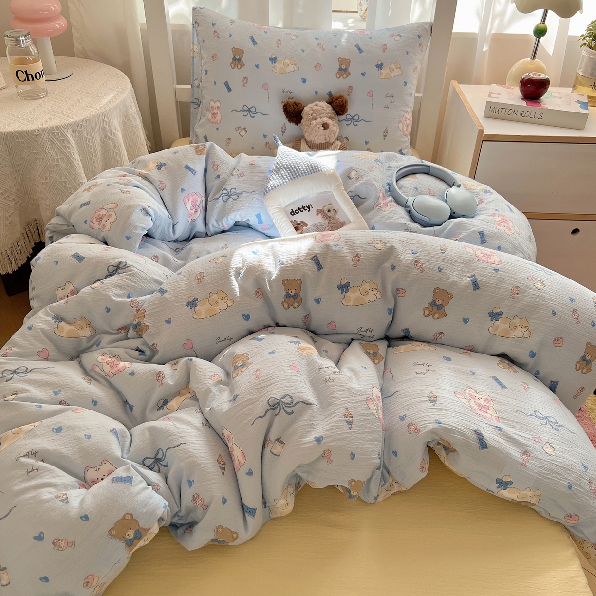 91家纺网 家纺一手货源 找家纺 韩巢家纺 2025新款双层纱学生季床铺单件被套宿舍寝室上下铺三件套 小猫时光篮