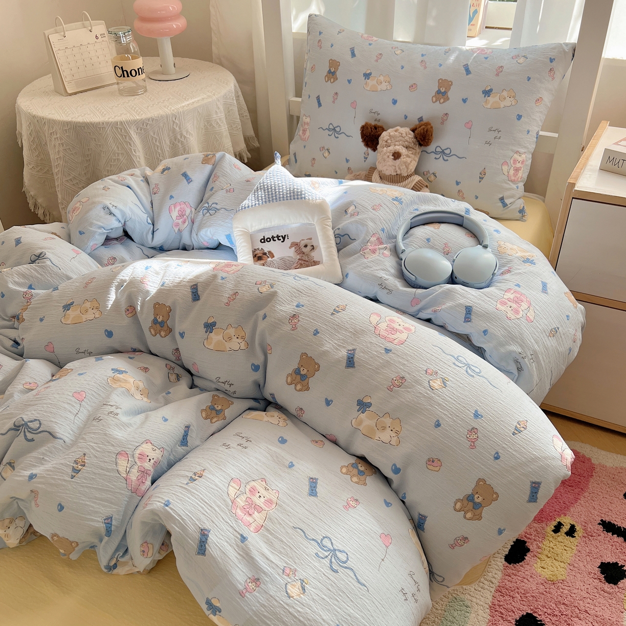 91家纺网 家纺一手货源 找家纺 韩巢家纺 2025新款双层纱学生季床铺单件被套宿舍寝室上下铺三件套 小猫时光篮