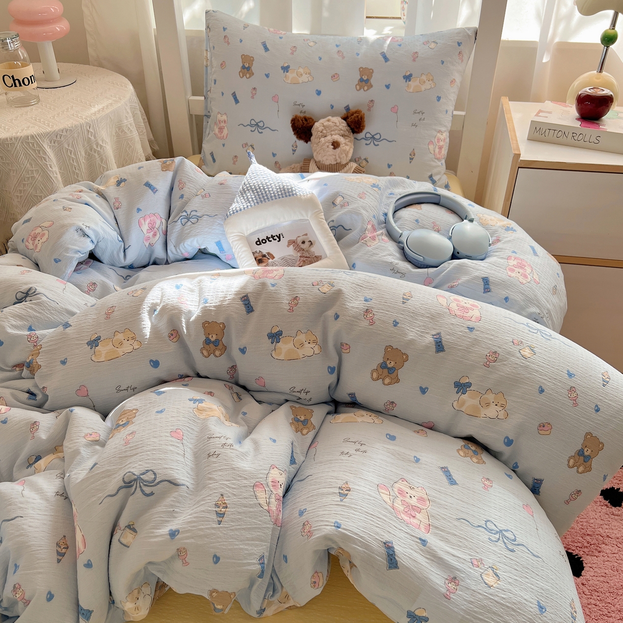 91家纺网 家纺一手货源 找家纺 韩巢家纺 2025新款双层纱学生季床铺单件被套宿舍寝室上下铺三件套 小猫时光篮