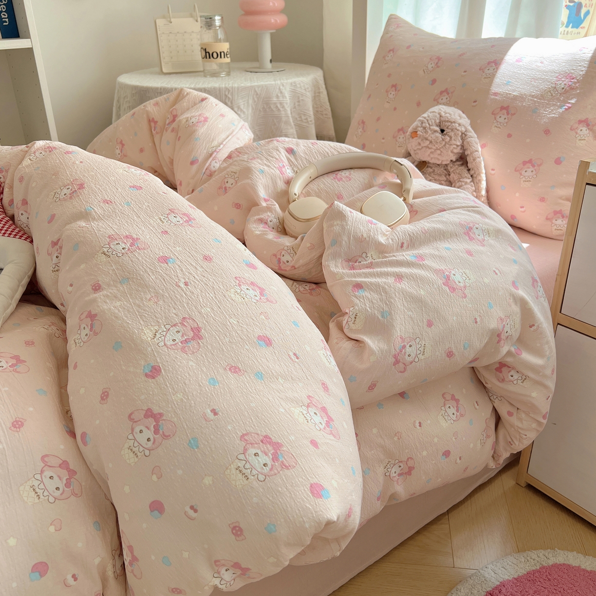 91家纺网 家纺一手货源 找家纺 韩巢家纺 2025新款双层纱学生季床铺单件被套宿舍寝室上下铺三件套 小美冰激凌